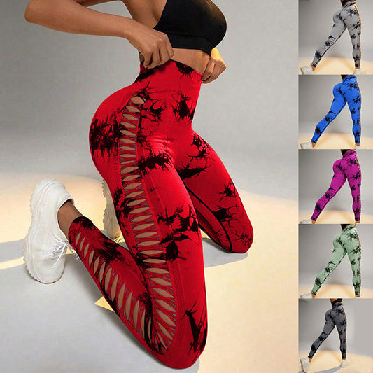 🔥 Hollow Tie Dye Printed Fitness Pants – High Waist Butt Lift Seamless Leggings for Women